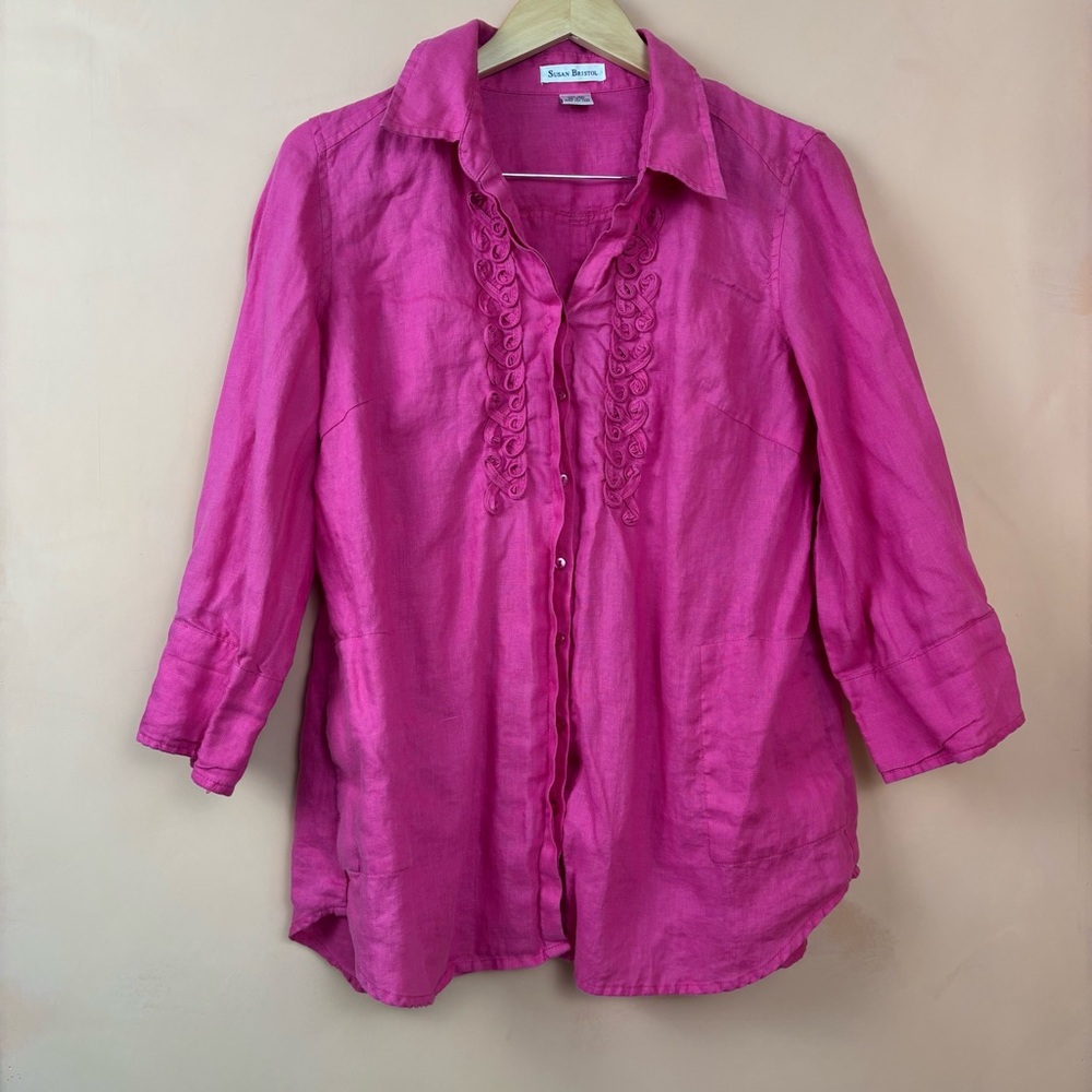 Susan Bristol Women’s Pink 100% Linen Blouse XL Beach Lagenlook - Picture 1 of 13